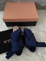 Nº21 Navy Blue Satin Raso Knot Flat Slides Mules Mule Sandal Flats
