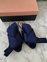 Nº21 Navy Blue Satin Raso Knot Flat Slides Mules Mule Sandal Flats