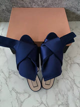 Nº21 Navy Blue Satin Raso Knot Flat Slides Mules Mule Sandal Flats