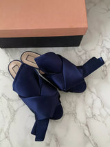 Nº21 Navy Blue Satin Raso Knot Flat Slides Mules Mule Sandal Flats