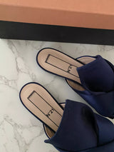 Nº21 Navy Blue Satin Raso Knot Flat Slides Mules Mule Sandal Flats